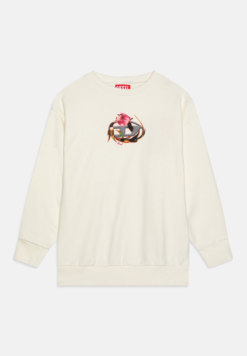 Sweat-shirt de couleur crème avec des manches longues, des poignets et un ourlet côtelés. Présente un logo imprimé coloré avec des accents floraux au centre.