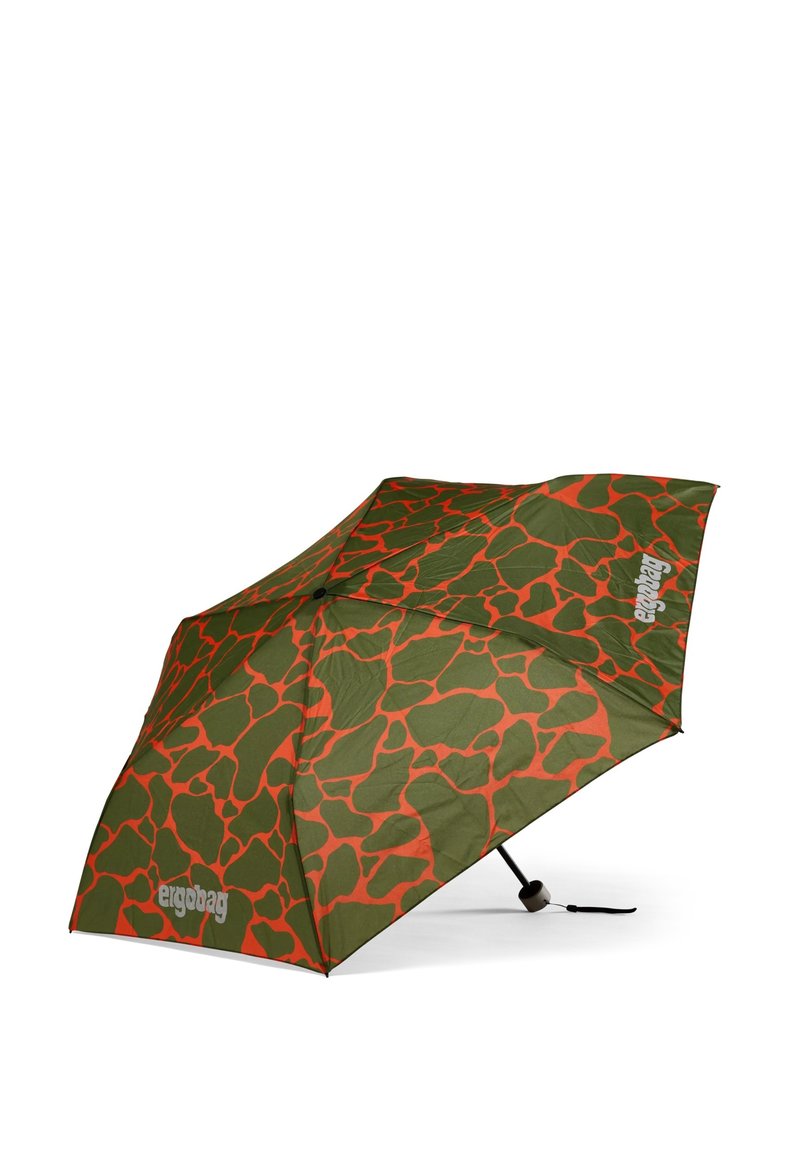 Green umbrella with a textured orange giraffe print, featuring a black handle and ergonomic design for ease of use.