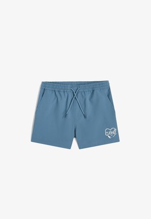 Calções de banho azuis feitos de material leve, com uma cintura elástica e cordão de ajuste, além de bolsos laterais. Logo da O'Neill impresso em branco.