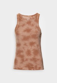 Brun ribbad ärmlös topp med ett tie-dye mönster. Har en rund halsringning och är utan ärmar, vilket ger en mjuk textur och en avslappnad passform.