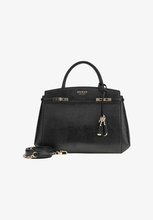 Sac à main structuré noir avec texture embossée crocodile, quincaillerie dorée, poignées supérieures et bandoulière amovible. Comprend un logo et des accents porte-clés.