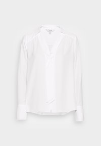 Blusa bianca con colletto e dettaglio nodo. Realizzata in tessuto leggero, presenta maniche lunghe e una vestibilità rilassata. Texture liscia.