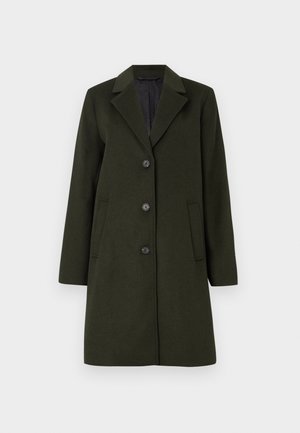 Mørkegrønn ullblandingsfrakk med snittkrage, enknappslukking, fire knapper og to sidelommer. Glatt tekstur.