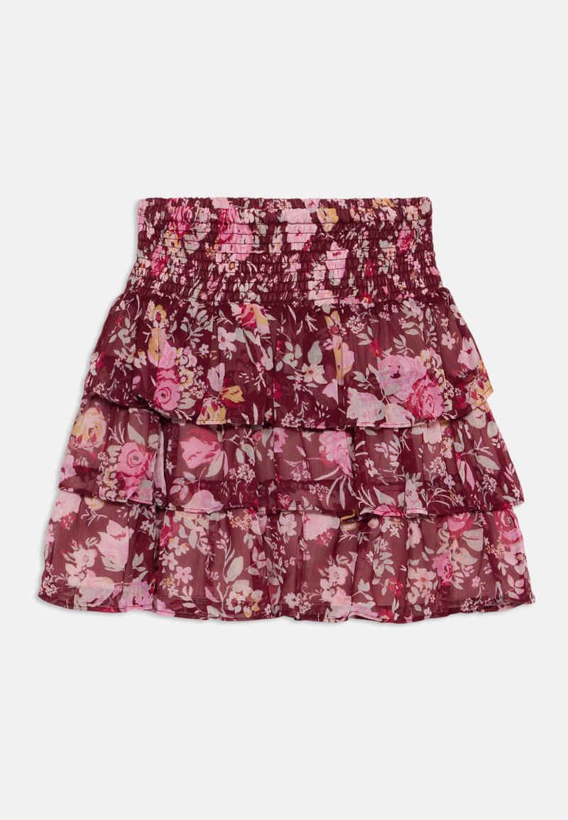 Jupe en fleurs à niveaux en bordeaux profond avec des fleurs roses. Présente une taille froncée et des volants superposés fluides pour un effet texturé.