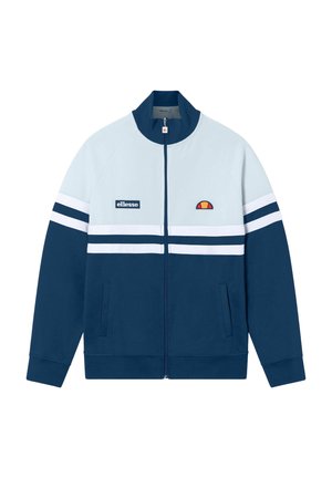 Marineblaue und hellblaue Jacke mit Reißverschluss, weißen Streifen über der Brust und an den Armen, mit ellesse-Logo und Emblem auf der Vorderseite.