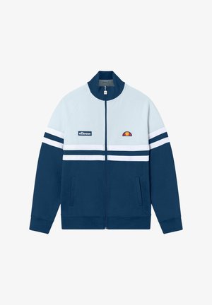 Marineblaue und hellblaue Jacke mit Reißverschluss, weißen Streifen über der Brust und an den Armen, mit ellesse-Logo und Emblem auf der Vorderseite.