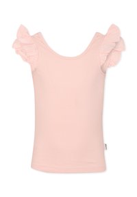 Top a maniche corte ruffle color rosa chiaro, con una finitura a coste. Caratterizzato da una scollatura rotonda e una silhouette aderente. Il tessuto sembra morbido e liscio.