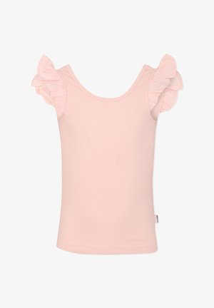 Top a maniche corte ruffle color rosa chiaro, con una finitura a coste. Caratterizzato da una scollatura rotonda e una silhouette aderente. Il tessuto sembra morbido e liscio.