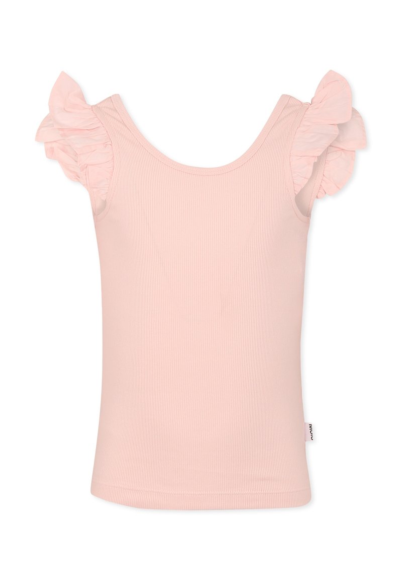 Top a maniche corte ruffle color rosa chiaro, con una finitura a coste. Caratterizzato da una scollatura rotonda e una silhouette aderente. Il tessuto sembra morbido e liscio.