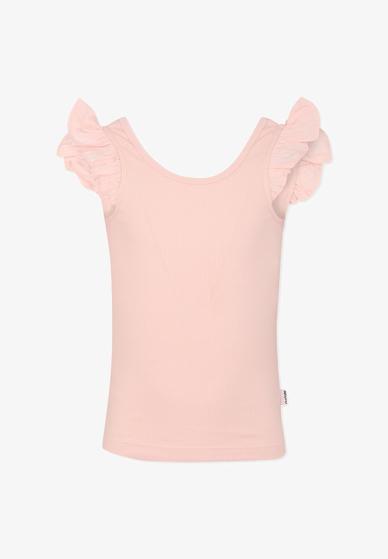 Top a maniche corte ruffle color rosa chiaro, con una finitura a coste. Caratterizzato da una scollatura rotonda e una silhouette aderente. Il tessuto sembra morbido e liscio.