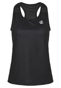 Zwart sporttanktop met een geribbelde achterpaneel, ronde halslijn en logo op de voorkant. Glad, lichtgewicht stof met een subtiele textuur.