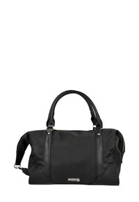 Bolso de mano de nailon negro con acentos de cuero, dos asas superiores y cierre de cremallera. Detalle del logotipo notable en la parte frontal. Forma simple y estructurada.