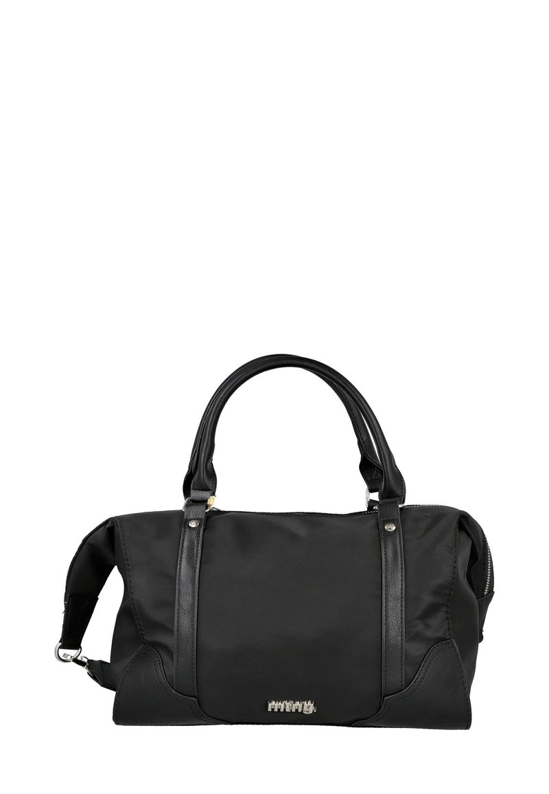 Bolso de mano de nailon negro con acentos de cuero, dos asas superiores y cierre de cremallera. Detalle del logotipo notable en la parte frontal. Forma simple y estructurada.