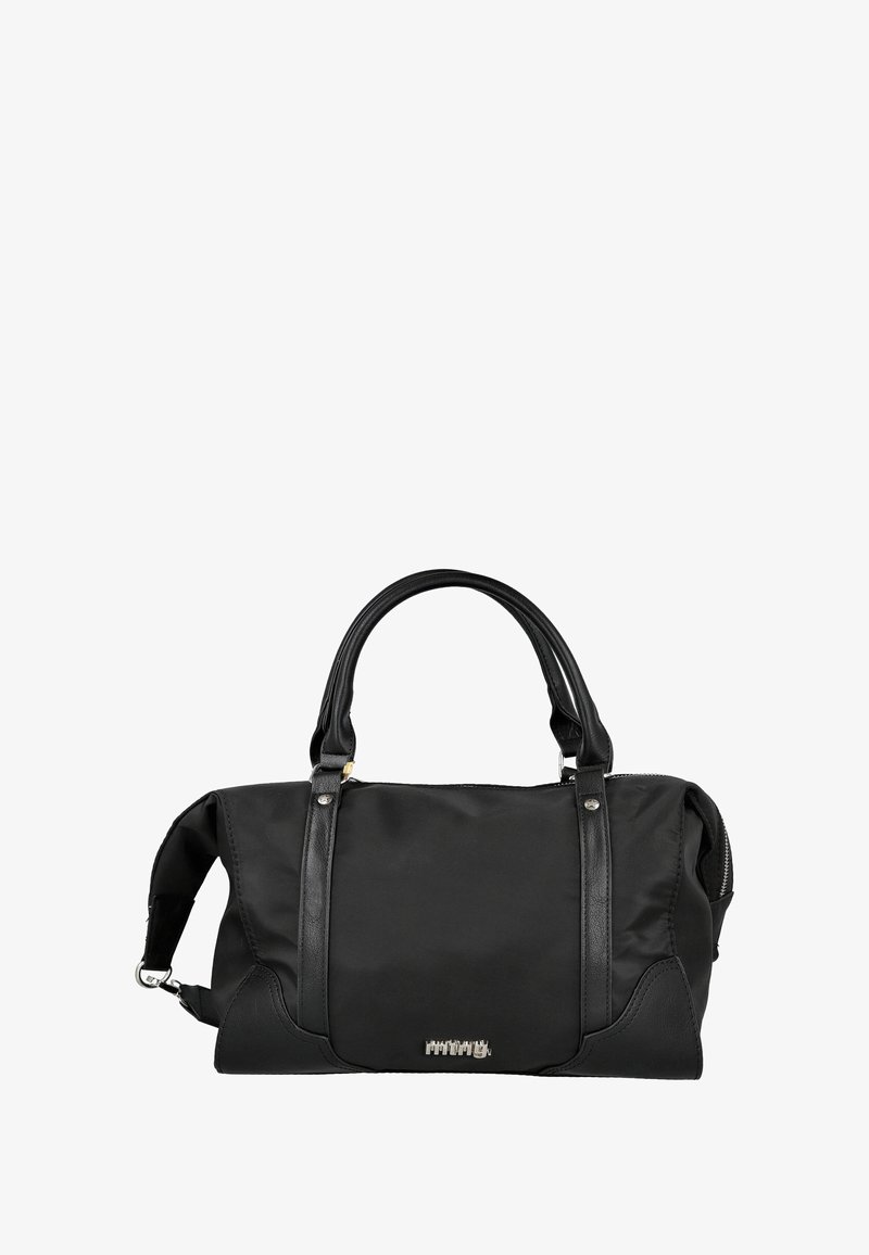 Bolso de mano de nailon negro con acentos de cuero, dos asas superiores y cierre de cremallera. Detalle del logotipo notable en la parte frontal. Forma simple y estructurada.