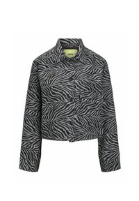 Juodas ir pilkas trumpas švarkas su zebra raštu, turintis apykaklę, mygtukų uždarymą ir ilgomis rankovėmis. Textūruotas audinys su moderniu dizainu.