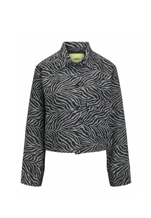 Juodas ir pilkas trumpas švarkas su zebra raštu, turintis apykaklę, mygtukų uždarymą ir ilgomis rankovėmis. Textūruotas audinys su moderniu dizainu.