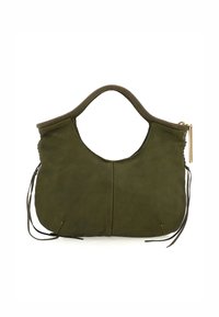 Borsa in pelle verde oliva con parte superiore curvata, manico aperto e cuciture intricate. Presenta lacci laterali e una zip dorata di accento.