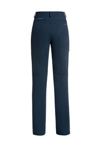 Pantalons de plein air bleu marine en tissu doux et extensible. Comprennent une poche zippée, une taille élastique et des zones de genoux renforcées pour plus de durabilité.