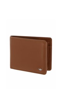 Portefeuille bifold en cuir marron avec coutures visibles et petit logo argenté en bas à droite, montré légèrement ouvert.