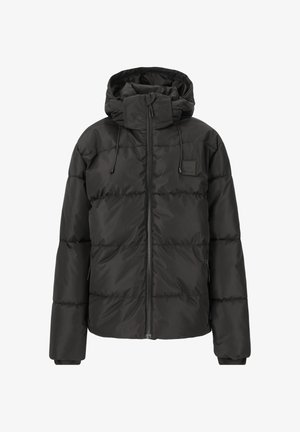 Zwarte pufferjack met een capuchon, met een rits aan de voorkant, elastische manchetten en een gewatteerd patroon. Het materiaal lijkt glad en glanzend.