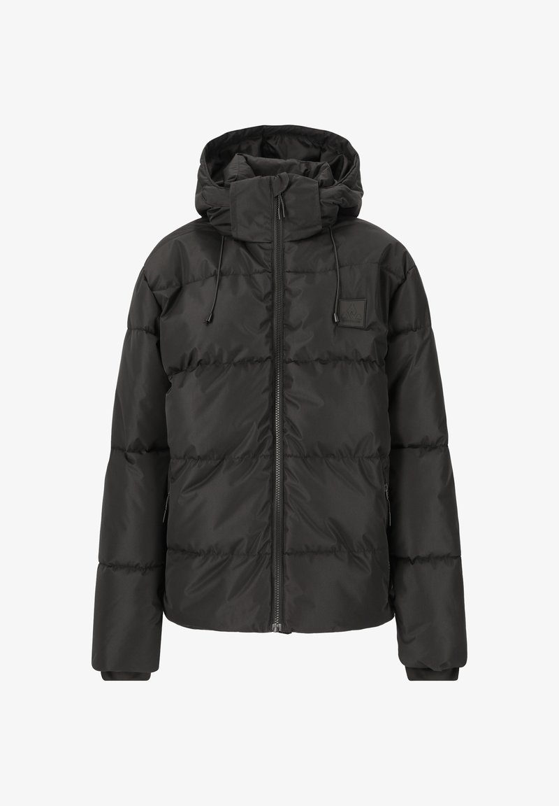 Sort pufferjakke med hætte, der har en lynlåslukning foran, elastiske manchetter og et quiltet mønster. Materialet ser glat og blankt ud.