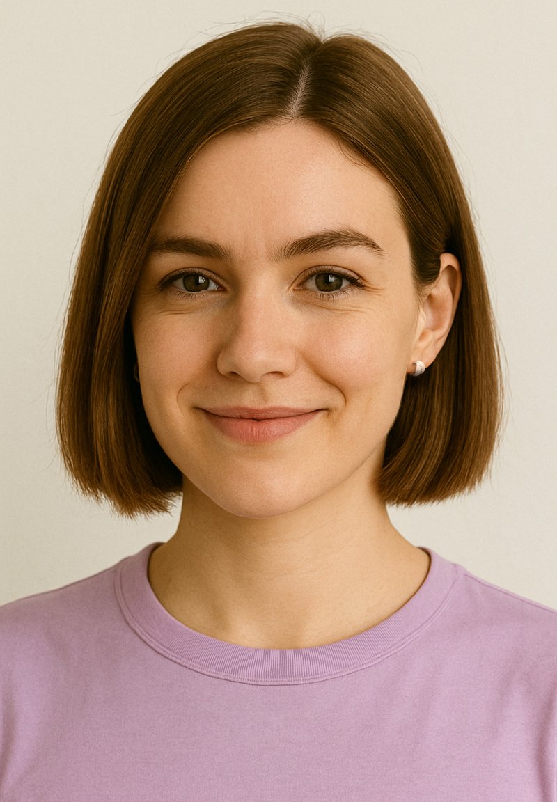 Kurzärmliges, lavendelfarbenes T-Shirt mit rundem Halsausschnitt, glatter Textur und lässiger Passform. Hellbraunes Haar in einem geraden Bob-Schnitt.