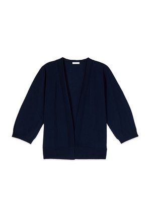 Granatowy, otwarty kardigan z długimi rękawami oraz ściągaczami na mankietach i dole, rozłożony na płasko na białym tle.