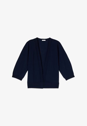 Navy blue open-front cardigan with long sleeves and ribbed cuffs and hem, laid flat on a white background.
