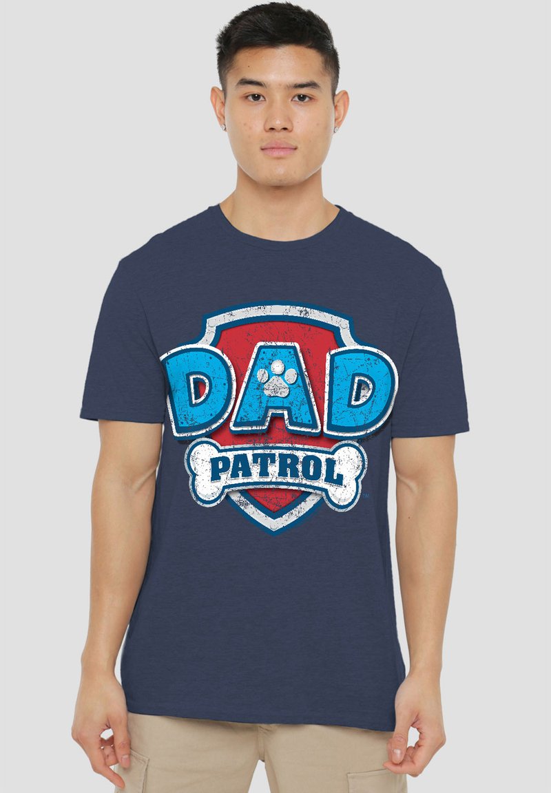 Navy blue t-shirt made of cotton blends, featuring a distressed graphic print with the words "DAD PATROL" and a paw print accent.