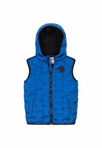 Gilet imbottito blu con cappuccio, dotato di zip frontale, due tasche laterali e rifiniture nere. Texture trapuntata e una etichetta con logo circolare.