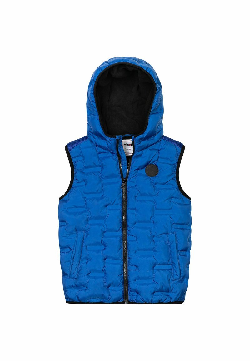 Gilet imbottito blu con cappuccio, dotato di zip frontale, due tasche laterali e rifiniture nere. Texture trapuntata e una etichetta con logo circolare.