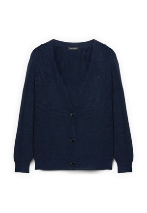 Cardigan in maglia blu navy con scollo a V profondo, maniche lunghe e cinque bottoni neri sul davanti. Tessuto strutturato con dettagli a coste.