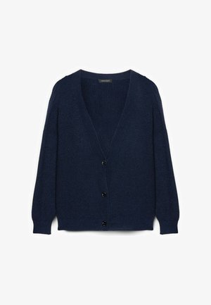 Cardigan in maglia blu navy con scollo a V profondo, maniche lunghe e cinque bottoni neri sul davanti. Tessuto strutturato con dettagli a coste.