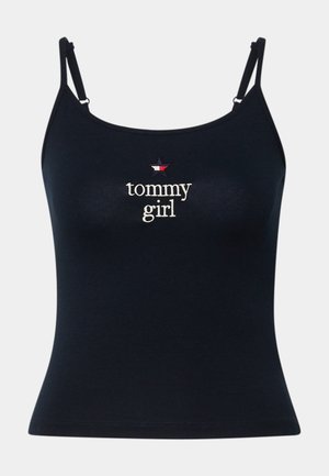 Débardeur en coton noir avec bretelles réglables. Présente un logo brodé "tommy girl" et un dessin d'étoile au-dessus en rouge, blanc et bleu.