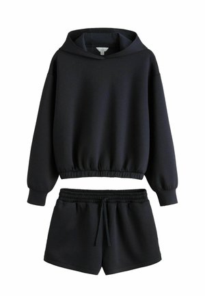 Black hooded sweatshirt with elastic hem paired with black elastic waist drawstring shorts, both made of soft fabric.