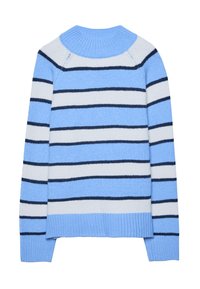 Maglione a righe con collo alto a coste. Presenta righe azzurro chiaro, blu scuro e grigie. Tessuto morbido e vestibilità comoda.
