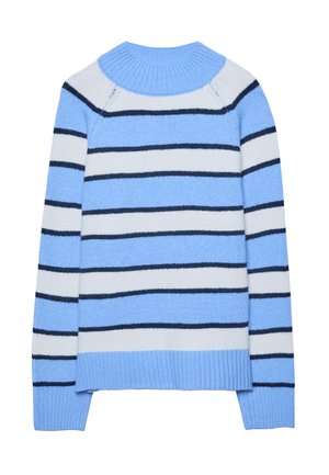 Striped sweater with a high ribbed neckline. Features light blue, dark blue, and gray stripes. Soft texture and relaxed fit.