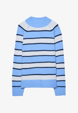 Striped sweater with a high ribbed neckline. Features light blue, dark blue, and gray stripes. Soft texture and relaxed fit.