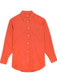 Leinenhemd in lebhaftem Korallenrot mit durchgehender Knopfleiste, langen Ärmeln, einer einzigen Brusttasche und abgerundetem Saum. Mit beigen Knöpfen.