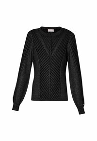Pull en maille noir à manches longues avec motif texturé en chevrons, encolure ronde et léger scintillement sur tout le tissu.