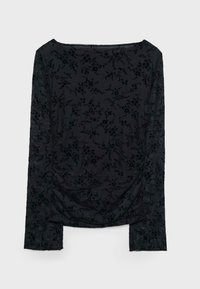 Schwarzes Langarmoberteil mit floralem Muster, weitem Ausschnitt und gerafften Details am Oberteil und an den Ärmeln. Weiches Material.
