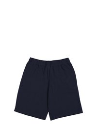 Navy blue cotton shorts with an elastic waistband. Loose fit and straight leg design. Smooth texture, no visible patterns or hardware.