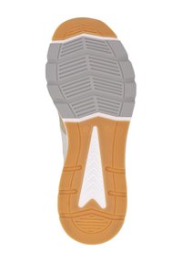 Semelle en caoutchouc grise et orange avec un motif en chevrons texturé, comportant des accents blancs et un design central triangulaire.