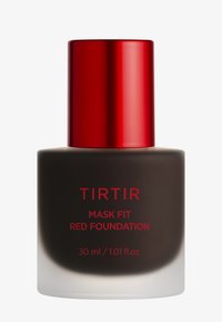 Czarna szklana butelka z gradientem do białego, nieprzezroczystego koloru, matowa czerwona nakrętka oraz czerwony napis "TIRTIR MASK FIT RED FOUNDATION", 30 ml.