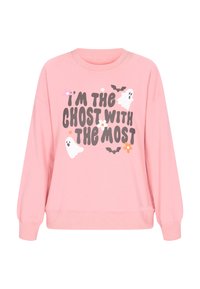 Felpa rosa con il testo "SONO IL FANTASMA CON IL MAGGIOR NUMERO," decorata con fantasmi bianchi, pipistrelli e elementi floreali. Materiale morbido, vestibilità comoda.