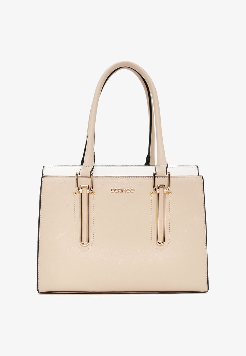 Beżowa torebka o sztywnym kształcie z czarnymi wykończeniami, podwójnymi uchwytami u góry, złotymi akcentami oraz widocznym logo. Posiada gładkie, teksturowane wykończenie.