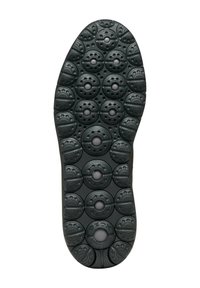 Suela de zapato de goma negra con una serie de patrones de tracción redondeados; incluye cámaras de aire y el logo "GEOX" cerca del talón.