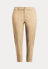 Beige cotton pants with a straight fit, featuring a button closure, belt loops, and clean-cut hems. Smooth texture and minimal design.