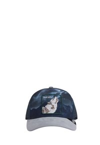 Casquette de baseball avec une visière grise, une calotte bleu foncé ornée d'un loup hurlant brodé et le texte "LONE WOLF" sur un fond montagneux.