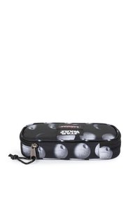 Astuccio nero con zip, caratterizzato da un motivo di grigi Death Star. Include un'etichetta con il logo "Star Wars" sulla superficie superiore.